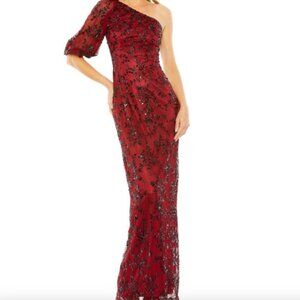 Mac Duggal 5912 Floral Beadwork One Sleeve Dress.